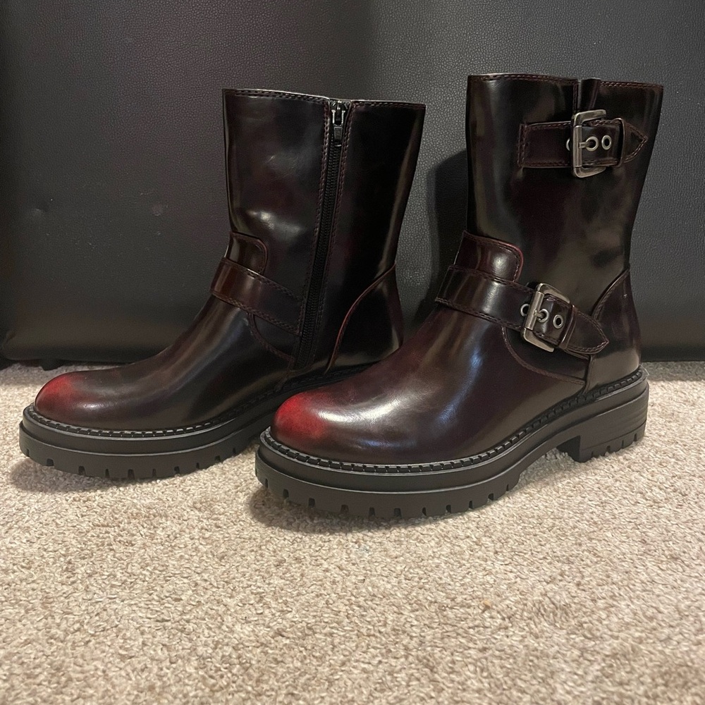 Arizona Jean Company Women's Burgundy Leather Buckle Combat Boots